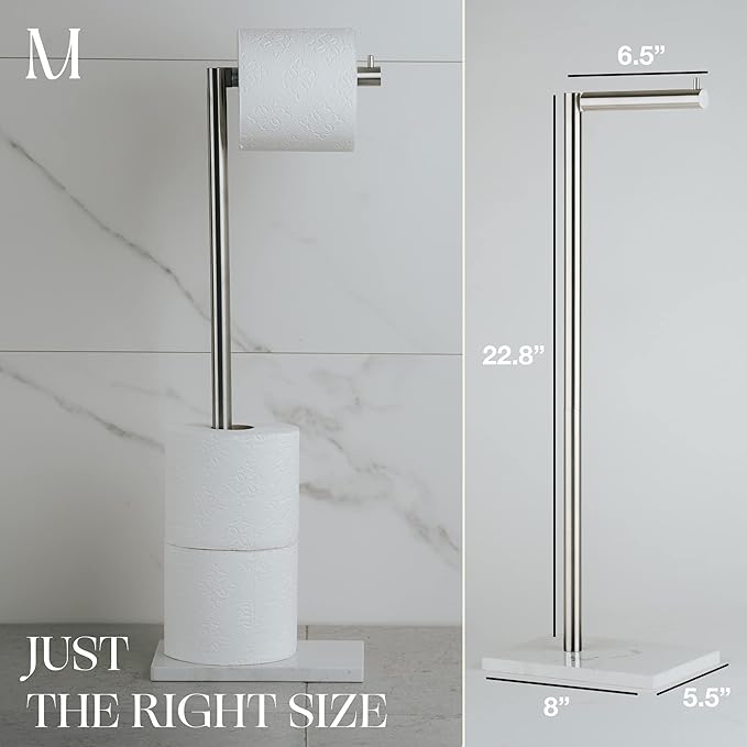 MARMOLUX ACC Free Standing Brushed Nickel Toilet Paper Holder Stand White Marble Base and Storage | 4 Jumbo Roll Bathroom Hardware Toilet Tissue Organizer | Stainless Steel Bathroom Decor Accessory