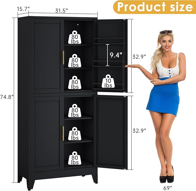75" Tall Metal Kitchen Pantry Storage Cabinet, Freestanding Cupboard Storage Cabinet with 4 Doors and 4 Adjustable Shelves, Large Stand Up Food Cupboard for Dinning Room, Bathroom（Black）