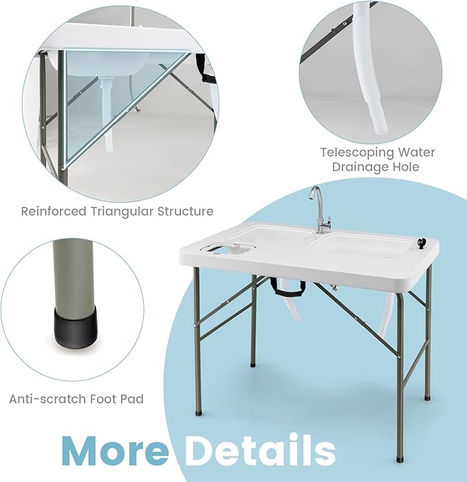 Goplus Folding Fish Cleaning Table with Dual Water Basins, Heavy Duty Fillet Table with Hose Hook Up, Sink and Faucet, Portable Outdoor Camping Sink Station for Dock Beach Patio Picnic, 40''