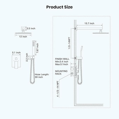 gotonovo Rainfall Bathroom Shower System Rain Shower Head and Handle Set Wall Mounted Shower Complete Combo Solid Brass Pressure Balancing Shower Mixer Valve 12 Inch Brushed Gold
