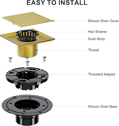 Brushed Gold Shower Drain 4-1/4 Inch - Square Shower Floor Drain Kit with ABS Flange for 2" or 3" Pipe, Drain with Hair Strainer,Removable Strainer Cover,SUS304 Stainless Steel & CUPC Certified