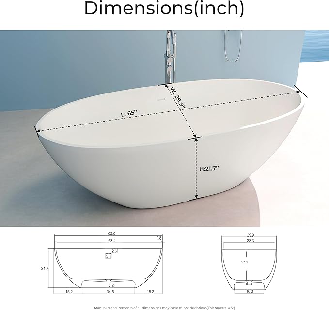 Upgraded 65" Solid Surface Freestanding Bathtub, Oval Stone Resin Tub with Overflow and Pop-up Drain, Matte White