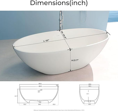 Upgraded 65" Solid Surface Freestanding Bathtub, Oval Stone Resin Tub with Overflow and Pop-up Drain, Matte White