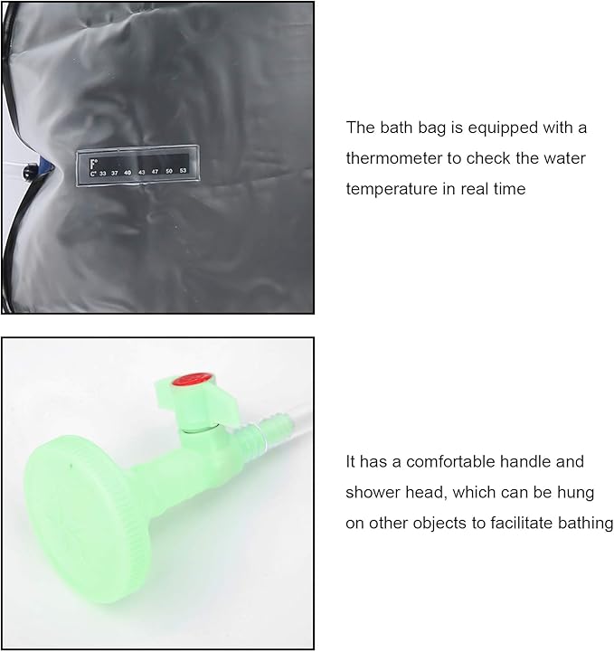Outdoor 20L Solar Power Shower Bag, Camping Portable Sun Heated Bath Bag with Shower Head, 20L Capacity for 8 Minute Shower, Includes Thermometer and Mesh Storage Bag, Ideal