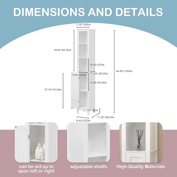 Tall Bathroom Storage Cabinet with Adjustable Shelves,66.92" H Slim 1-Door Freestanding Cabinet for Small Spaces, Bathroom,Kitchen, Living Room,White