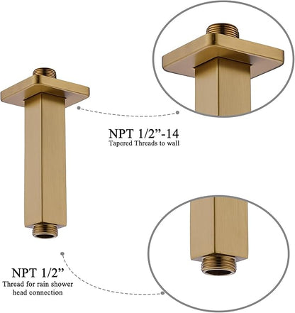4 Inch Shower Arm with Flange, Ceiling Mounted Square Shower Head Extension Arm, 1/2 NPT Straight Arm for Rain Shower Head, Stainless Steel Shower Head Extension Replacement Pipe Arm, Brusheed Gold