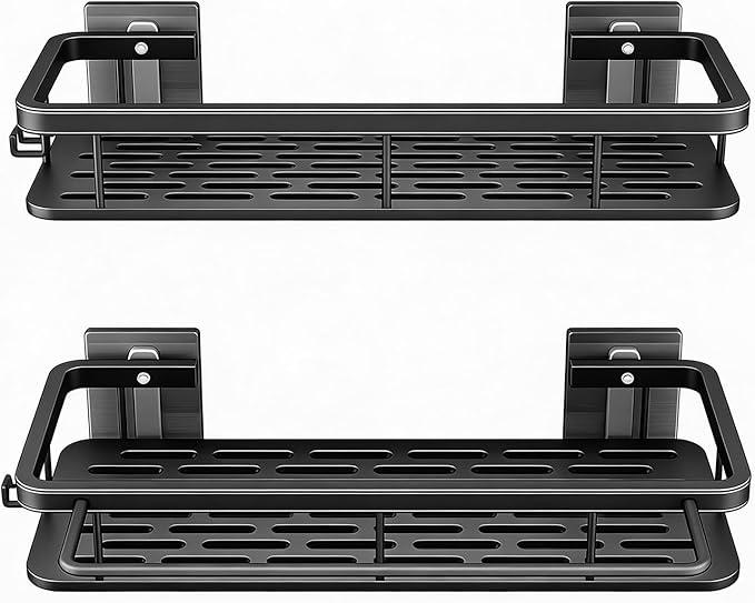 Shower Caddy Adhesive 2Pack with Hooks and Rod for Towels Black-Premium Bathroom Shower Shelves Shampoo Organizer Rack Storage Bathtub Shelf Rustproof Easy Installation Sturdy Build Sleek Modern Look