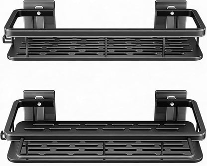 Shower Caddy Adhesive 2Pack with Hooks and Rod for Towels Black-Premium Bathroom Shower Shelves Shampoo Organizer Rack Storage Bathtub Shelf Rustproof Easy Installation Sturdy Build Sleek Modern Look