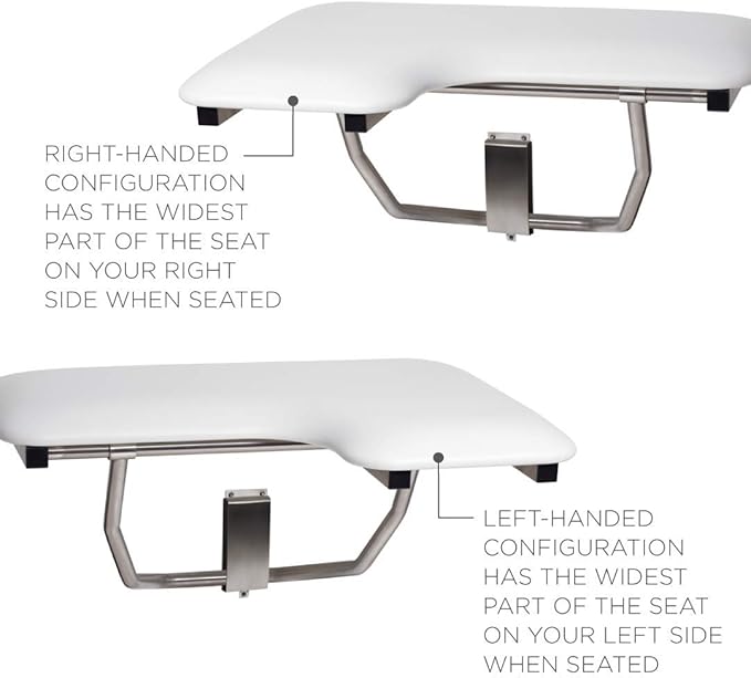 Seachrome Lift-Assist Shower Seat, L-Shaped Left-Hand, ADA, Wall Mount, Padded White Naugahyde