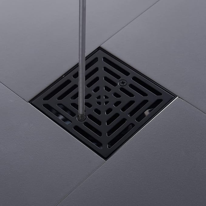 4-1/4 Inch Black Shower Drain Square, Base with Adjustable Drain Flange Kit PVC, Removable Grille Strainer Drain Cover with Screws, SUS304 Stainless Steel