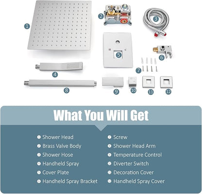 Aolemi Ceiling Mount Shower System Rain Shower Head with Handheld Spray High Pressure Shower Faucet Set Rough-in Valve Shower Trim Kit Included Bathroom Polish Chrome 16 Inch Ceiling Shower Head