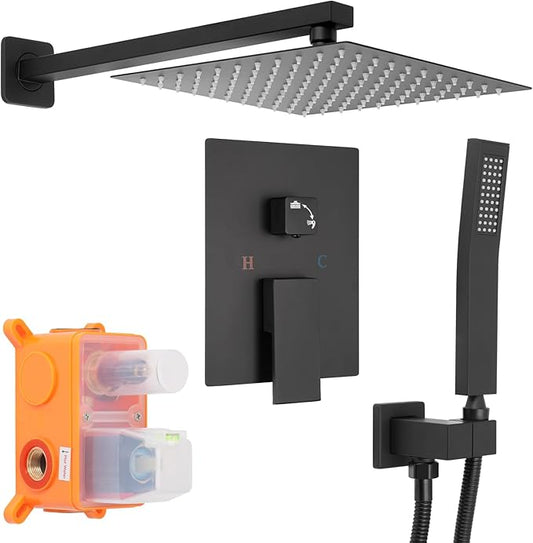 Matte Black Square Shower Head with Handheld Set, Rainfall Shower System Modern Wall Mounted Shower Faucet for Bathroom 12 inch (With Shower Valve)