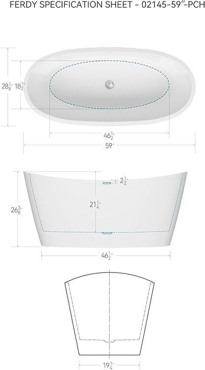 FerdY Naha Elite 59" Acrylic Freestanding Bathtub, Curve Edge Freestanding Soaking Bathtub, Glossy White, cUPC Certified, Chrome Drain & Minimalist Linear Design Overflow Included