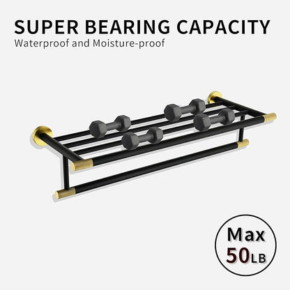 Black Brushed Gold Towel Rack 24'' Bath Towel Shelf with Towel Bars SUS304 Matte Black Stainless Steel Wall Mounted，Modern Bathroom Storage Shelf