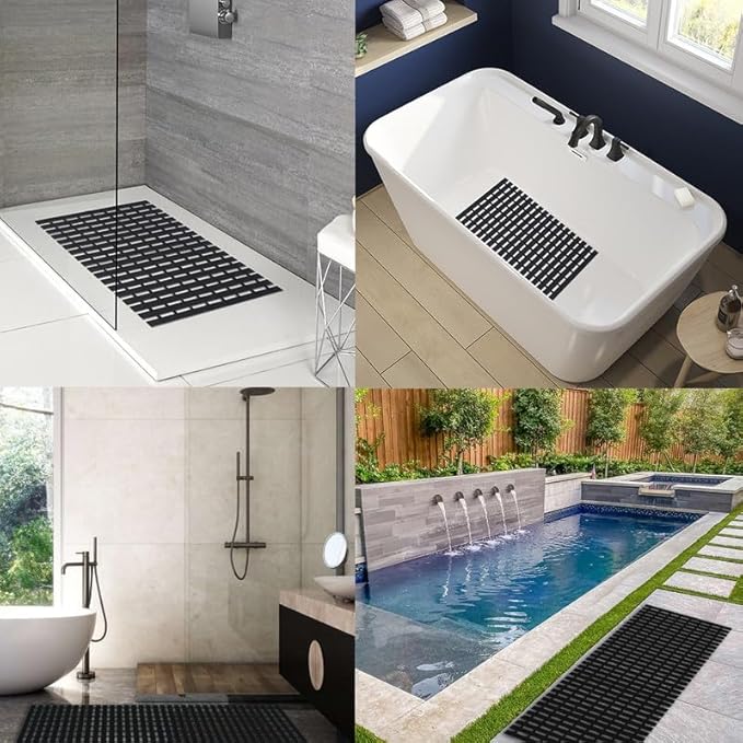Bath Mat Non Slip Shower Mat Bathtub with Drain Holes and Heavy Duty Rubber No Suction Cups Sturdy Shower Stall Tub Mat for Bathroom, Shower Floor, Pool, SPA, (Black, 4FT X 25FT)