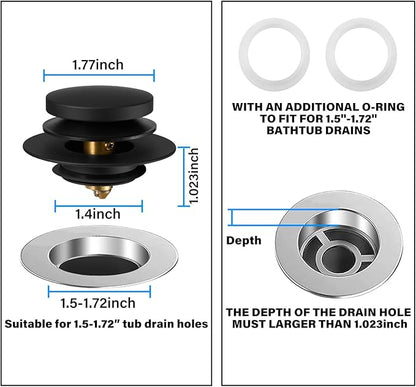 Bathtub Drain Stopper, Uxoz Universal Tub Stopper for Replacing Tip Toe/Trip Lever/Lift&Turn Tub Drain, Bath Tub Drain Stoppers Desiged for 1.5"-1.72" Drain Hole w/3 O-Rings, Black
