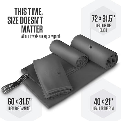 VENTURE 4TH Quick Dry Towel. Microfiber Travel Towel Ideal for Camping, Hiking, Backpacking, Gym. Lightweight & Fast Drying Travel Towels for Body. Compact & Easy to Pack - Charcoal Large