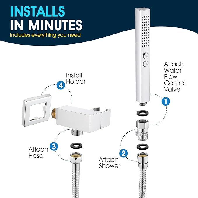 All-Metal High Pressure Square Handheld Shower Head with Jet Spray and Rainfall Modes, Volume Control Regulator, ON/OFF Switch, Hose and Wall Mounted Adjustable Bracket, Chrome Color