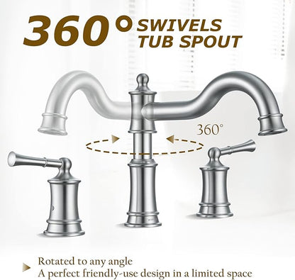 Roman Bathtub Faucet Deck Mount Tub Faucet for Bathroom Widespread Elegant Classic Spout with 3 Holes 2 Handle Valve Cartridge Included, Brush Nickel