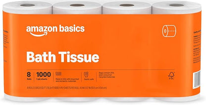 Amazon Basics 1000 Sheet 1-Ply Bath Tissue, 8 Rolls