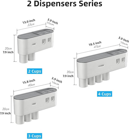 No-Drill Wall Mounted Toothbrush Holder, Bathroom Shelf, with Automatic Toothpaste Dispensers 6 Brush Hooks Magnetic Cups 1 Cosmetic Drawer Organizer and Large Storage (2 Dispensers 4 Cups)