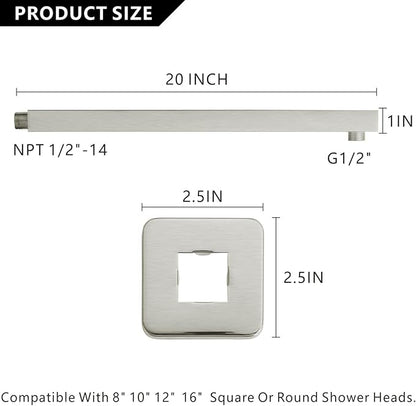 Voolan 20" Square Shower Arm with Flange and Teflon Tape, Extension Shower Head Arm for Bathroom Fixed Shower Head, Solid Stainless Steel, Wall Mounted (Brushed Nickel)