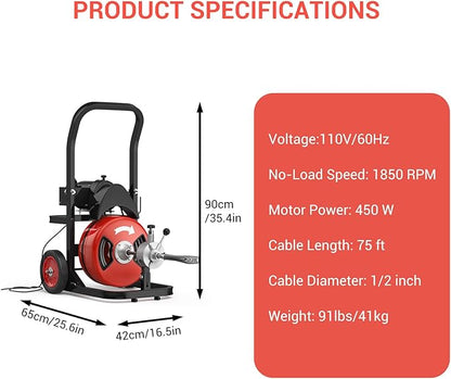 75 ft 1/2 in Cable Drain Cleaning Machine, 450W Auto Feed Portable Electric Sewer Snake, Electric Drain Auger with 6 Cutter Air-Activated Foot Switch for 2 in to 4 in Pipes