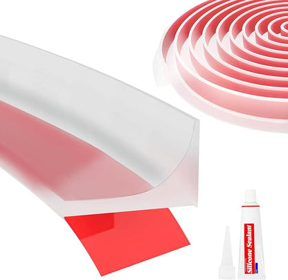 Shower Threshold Water Dam Barrier 67", Silicone Sealant Included, Collapsible Self-Adhesive Water Blocker, Shower Door Water Stopper for Floor Bathroom Kitchen Bathtub Sink