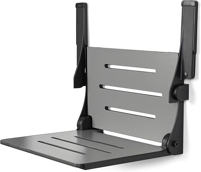 Seachrome Silhouette Comfort Folding Shower Bench Seat with Arms, Grey Seat with Matte Black Frame (SHAFAR-185155-PGS-S-MB-BK)