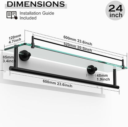 Towel Rack with Tempered Glass Shelf for Bathroom 24 Inch, Matte Black Towel Holder Wall Mount Storage Rustproof SUS304 Stainless Steel Towel Hanger