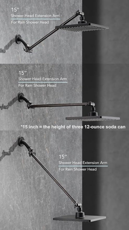 15 Inch Extra Long Adjustable Shower Head Extension Arm With Locking Set Screw, Singing Rain Brass Angle Height Adjustable, Easy To Install, G1/2 Universal Connector Compatible (Oil Rubber Bronze)