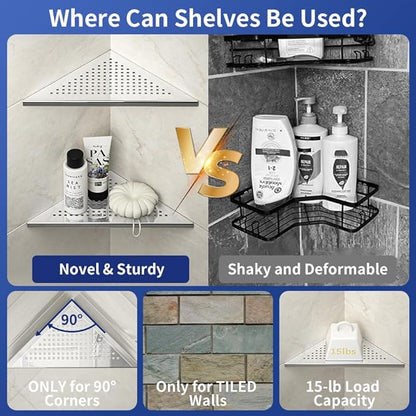 Corner Shower Shelf, 10" Polished 304 Stainless Steel Recessed Shelves for Bathroom, Grout in Shelf Racks for Tiled Wall, 2 Pack
