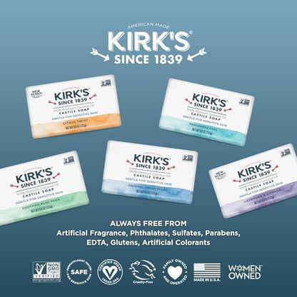Kirk's Castile Bar Soap for Men, Women & Children - Made with Premium Coconut Oil, Sensitive Skin Formula, Vegan, Non GMO, Aloe Vera, 4 oz. Bars 6 Pack