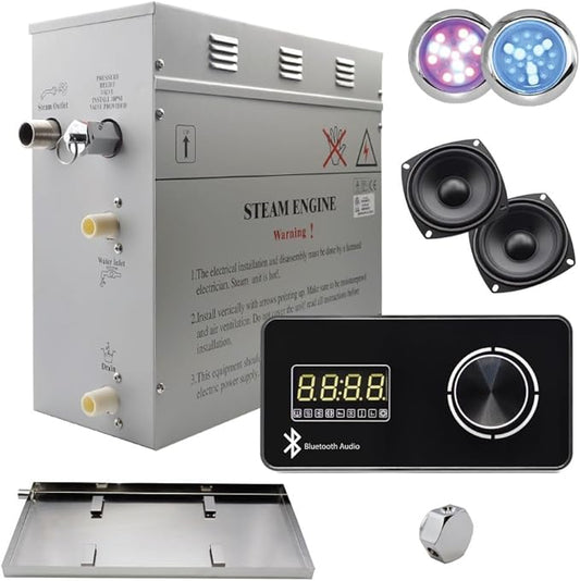 Superior Encore Plus 6 kW Steam Shower Generator Kit with Horizontal Black Keypad, Bluetooth Audio, Drip Pan & Color Lights |Self-Draining Steam Bath Generator |One-click Connection Cord