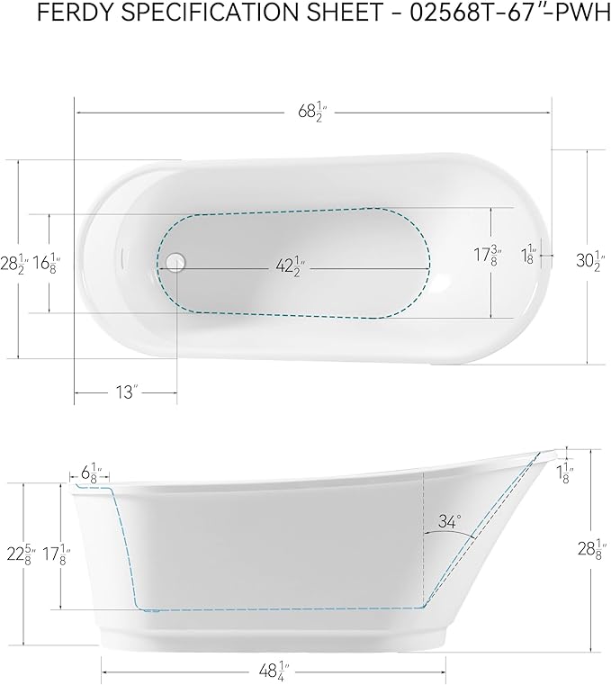 FerdY Langkawi 67" Acrylic Freestanding Bathtub, White Modern Stand Alone Soaking Bathtub, cUPC Certified, Polished White Drain and Minimalist Linear Design Overflow Included, Easy to Install, 02568T