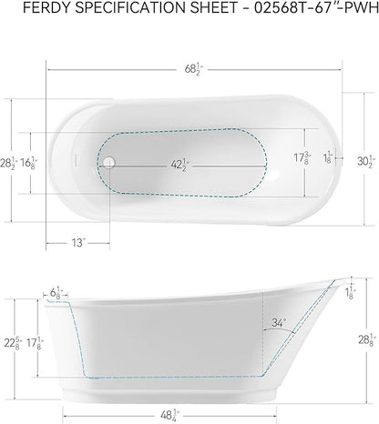 FerdY Langkawi 67" Acrylic Freestanding Bathtub, White Modern Stand Alone Soaking Bathtub, cUPC Certified, Polished White Drain and Minimalist Linear Design Overflow Included, Easy to Install, 02568T