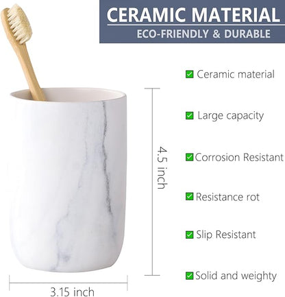 Marble Toothbrush Holders for Bathrooms - 1 Cups Ceramic Toothbrush Toothpaste Holders, White Marble Bathroom Tumbler Cups Reusable Toothbrush Mouthwash Cup, Bathroom Counter Organizer.