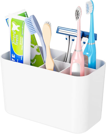 Electric Toothbrush Holder for Bathroom Countertop and Wall Mounted with Adhesive,5 Slots Family Size White Tooth Brush and Paste Holder & Stand,Cute Kids Tooth Rush Holders and Toothpaste Organizer