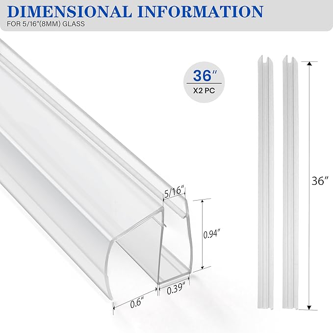 Bathroom Framless Shower Glass Door Bottom Seal Strip, 2PCS 36 Inch Long PVC Clear Seal Strips for 5/16"(8MM) Glass Door, to Stop Water Leakage