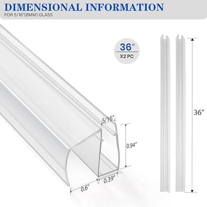 Bathroom Framless Shower Glass Door Bottom Seal Strip, 2PCS 36 Inch Long PVC Clear Seal Strips for 5/16"(8MM) Glass Door, to Stop Water Leakage