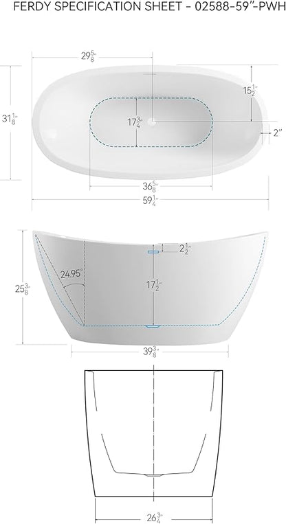 FerdY Naha 59" Acrylic Freestanding Bathtub, Curve Edge Freestanding Soaking Bathtub, Glossy White, cUPC Certified, Polished White Drain & Minimalist Linear Design Overflow Included