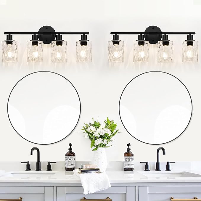 4-Light Bathroom Light Fixtures, Matte Black Vanity Lights with Water Ripple Clear Glass Shade, Bathroom Wall Lamp for Mirror, Kitchen, Living Room, Hallway, Cabinet, Porch