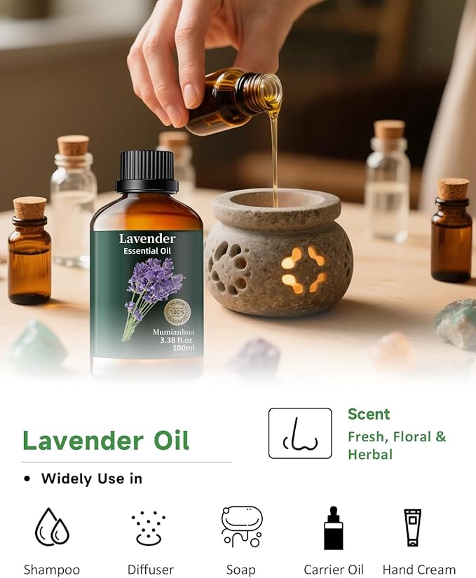 Pure Lavender Essential Oil, Mumianhua Natural Lavender Oil for Bedroom Tranquility & Outdoor Freshness, Aromatherapy for Evening Wind-Down, Laundry, Skin & Hair Care,Candle Making 3.38 Fl Oz