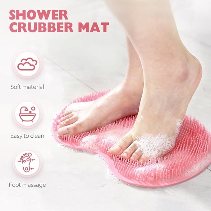 2026 New Silicone Shower Foot Scrubber Mat, Foot Back Cleaning Pad Back Washer Exfoliating Bath Wash Pad, Shower Foot Scrubber Mat with Non-Slip Suction Cups (Pink)
