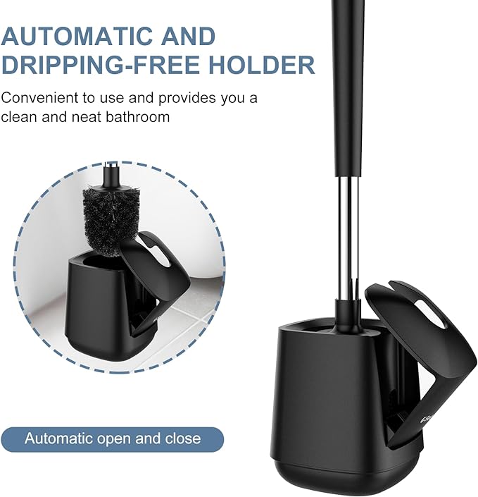 SetSail Toilet Brush and Holder 3 Pack, Self Closing Lid Toilet Bowl Brushes Holder Extra Long Handle Ventilated Toilet Brush Set for Bathroom Cleaning, Nylon Bristles, Black