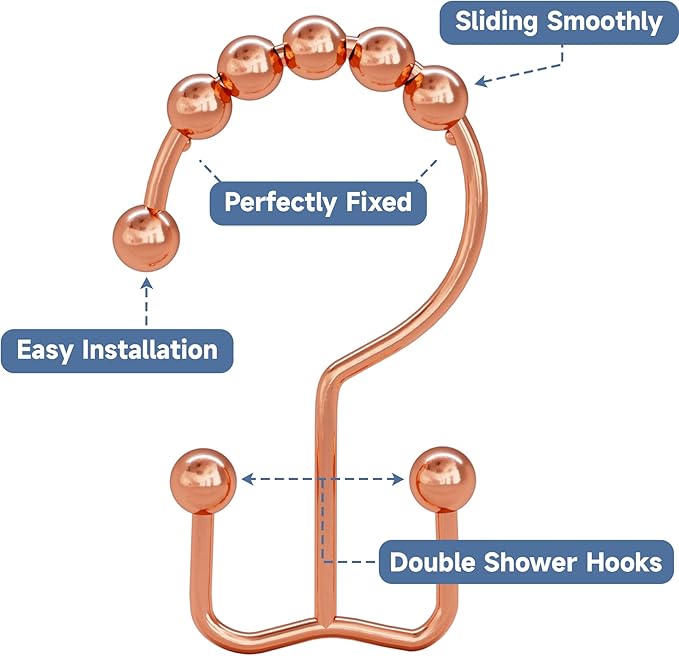 Titanker Shower Curtain Hooks Rings Rust Resistant Metal Double Glide Shower Hooks Rings for Bathroom Shower Rods Curtains, Set of 12 Hooks - Rose Gold