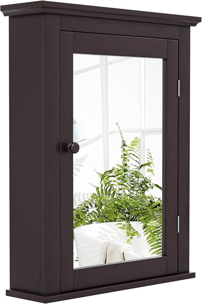 Safeplus Brown Medicine Cabinet with Mirror, Wall Mounted Adjustable Storage for Bathroom, Living Room, Bedroom, Entryway and Kitchen