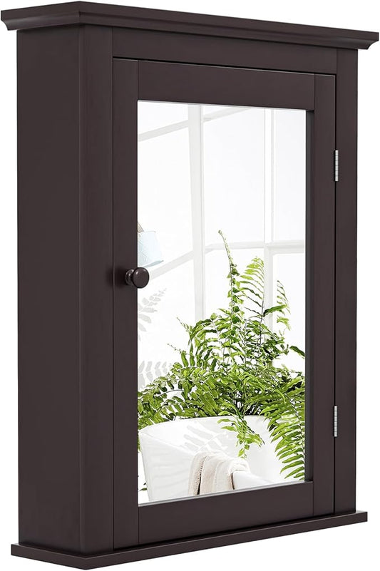 Safeplus Brown Medicine Cabinet with Mirror, Wall Mounted Adjustable Storage for Bathroom, Living Room, Bedroom, Entryway and Kitchen