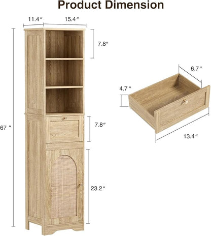 67" H Natural Bathroom Storage Cabinet with Rattan Doors and Slide Storage, Tall Narrow Freestanding Tower Cabinets with Adjustable Shelves for Kitchen, Living Room, Dining Room