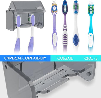 Toothbrush Holder Wall Mounted with Cover for Bathroom, 2 Slots Toothbrush Storage Organizer for Shower, Self Adhesive Toothbrush Hanger Rack for Dorm, Cabinet (Grey)